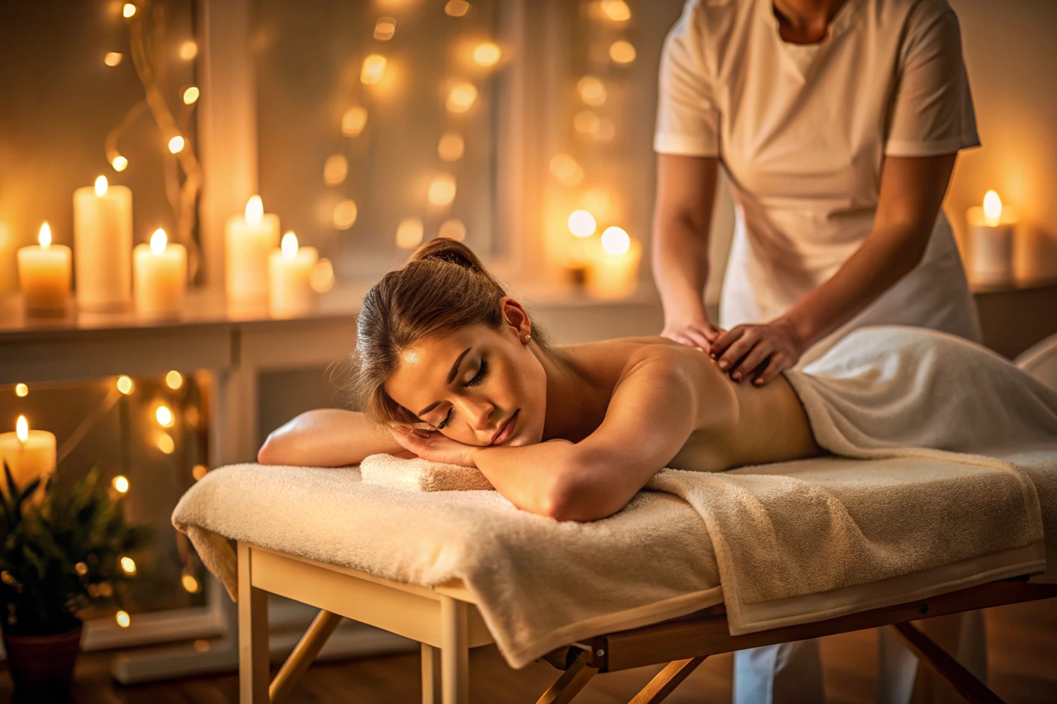 Eine Person, die entspannt auf einer Massageliege liegt, mit sanftem Licht, das eine beruhigende Atmosphäre schafft, und Händen, die den Rücken massieren, in einem Raum ohne Dekoration oder Text