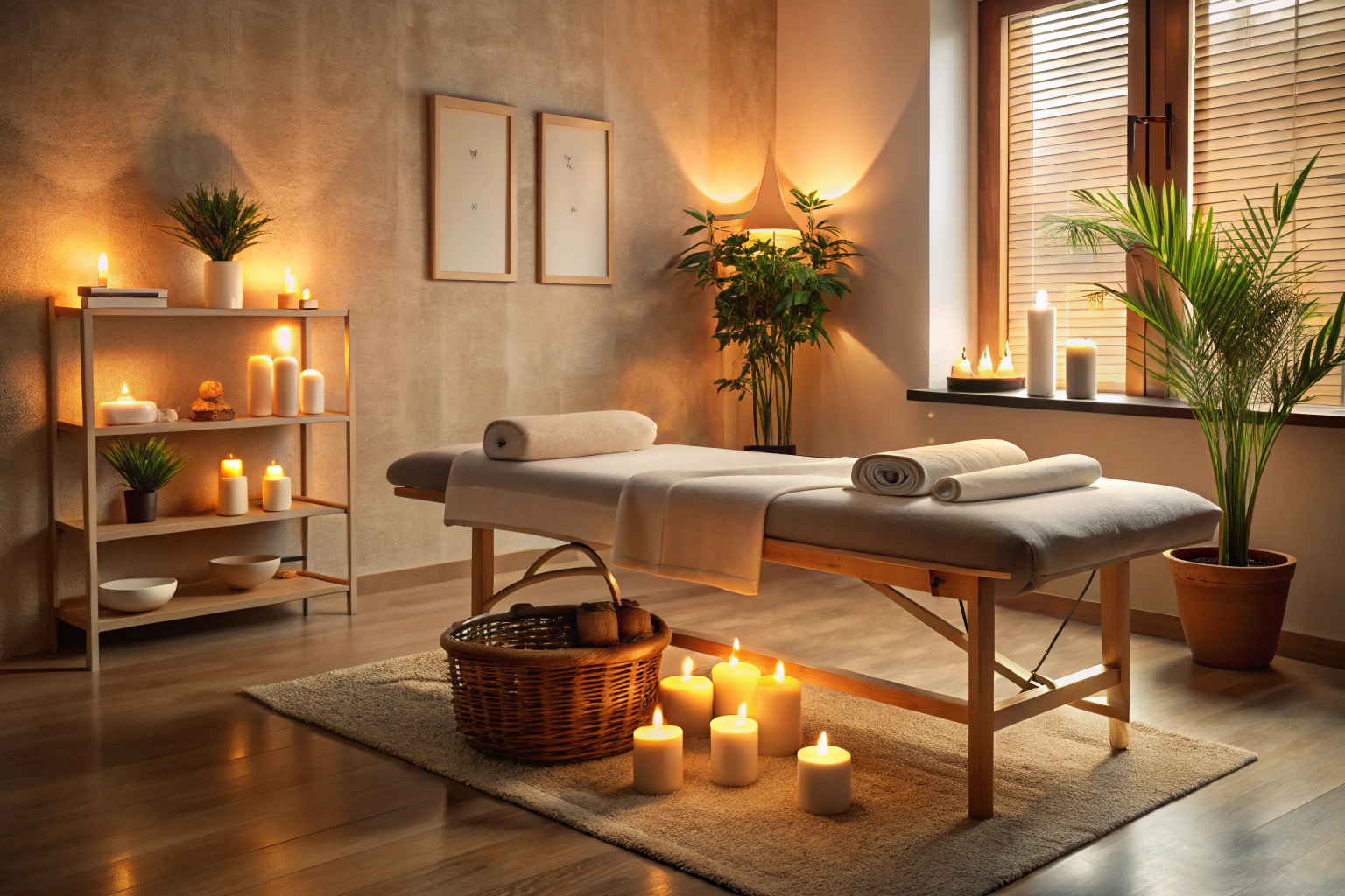 Ein ruhiger, neutraler Wellnessraum mit einem Massagetisch, weichem Licht und dezenten Accessoires wie Kerzen, um eine entspannte Atmosphäre zu schaffen