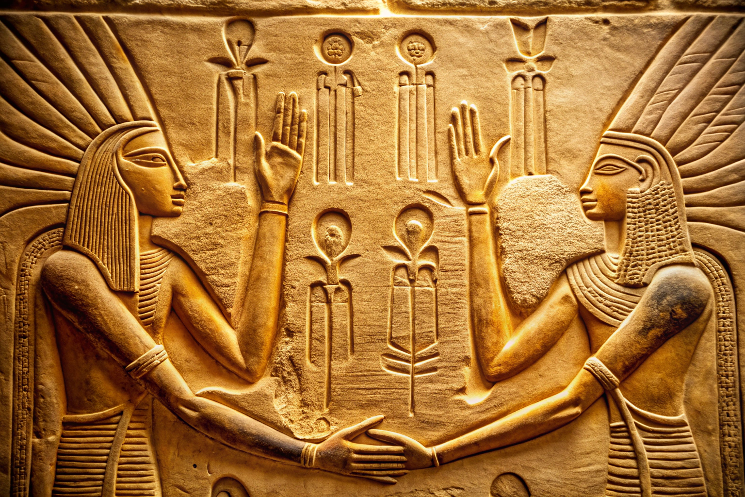 Eine stilisierte Darstellung von antiken ägyptischen Hieroglyphen, die Hände imitieren, die sanft über einen Rücken gleiten, in sandfarbenen Tönen mit verschwommenen Konturen