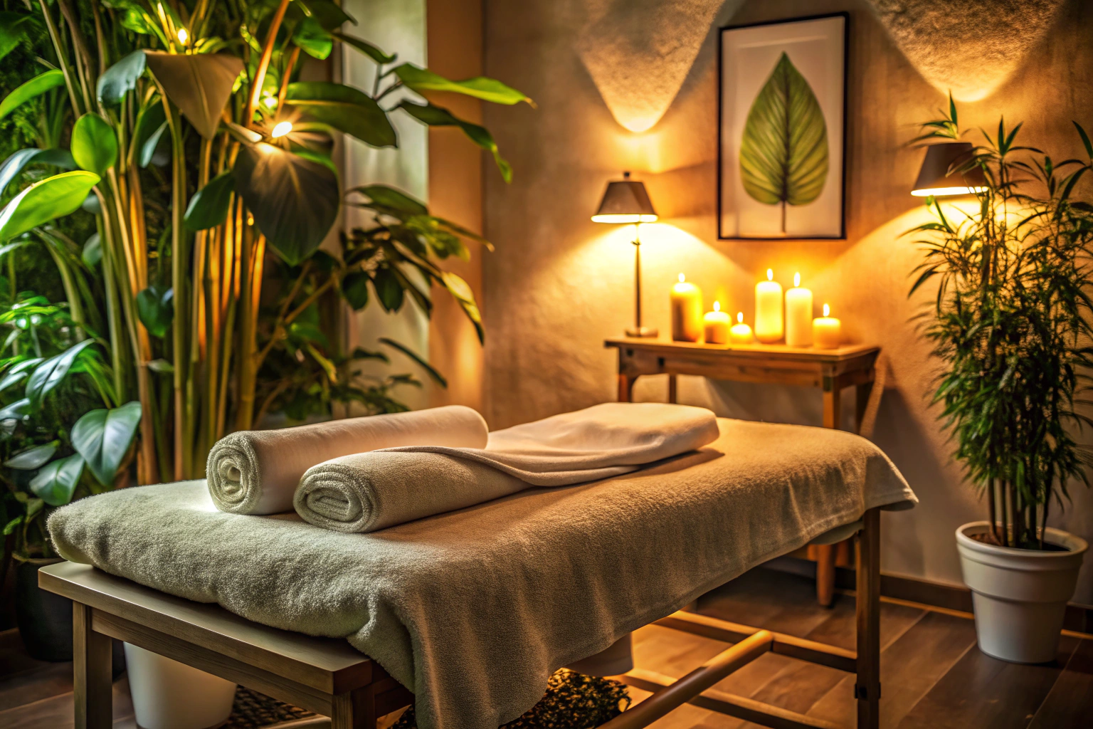 Ein ruhiger, einladender Massageraum mit gedämpftem Licht, einem Massagetisch mit frischen Tüchern, und dezenten Pflanzen im Hintergrund, die eine entspannte Atmosphäre schaffen