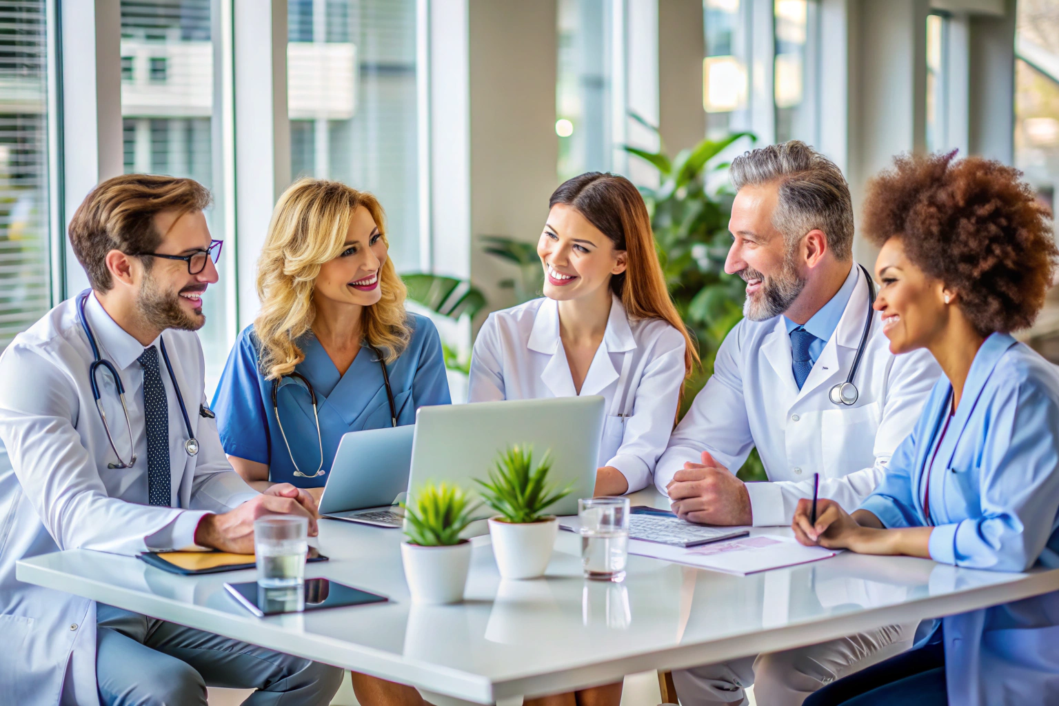 Ein Bild eines freundlichen Gesundheitsteams in einer hellen, modernen Praxisumgebung, die gemeinsam an einem Tisch sitzen und sich austauschen, mit einem Fokus auf Zusammenarbeit und Fürsorge